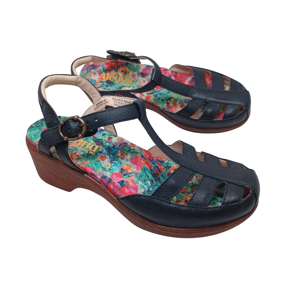 Alegria PG Lite Black Leather T-Strap Wedge Sandals SUM-50139 Floral Size 39 8.5